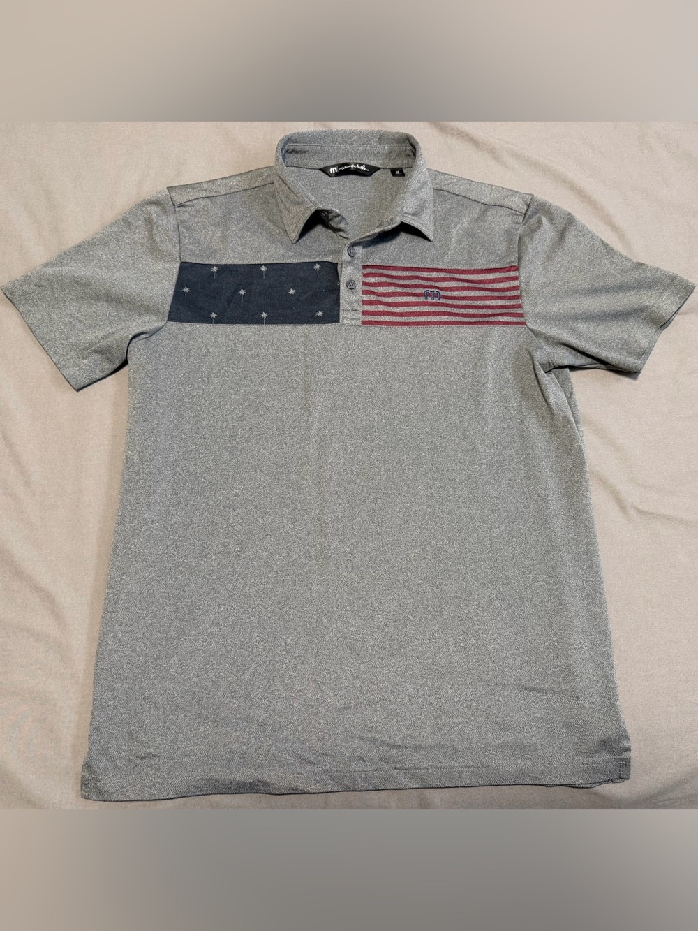 Travis Mathew Polo Shirt Mens Medium Gray USA Flag Graphic Patriotic Golf Pima
